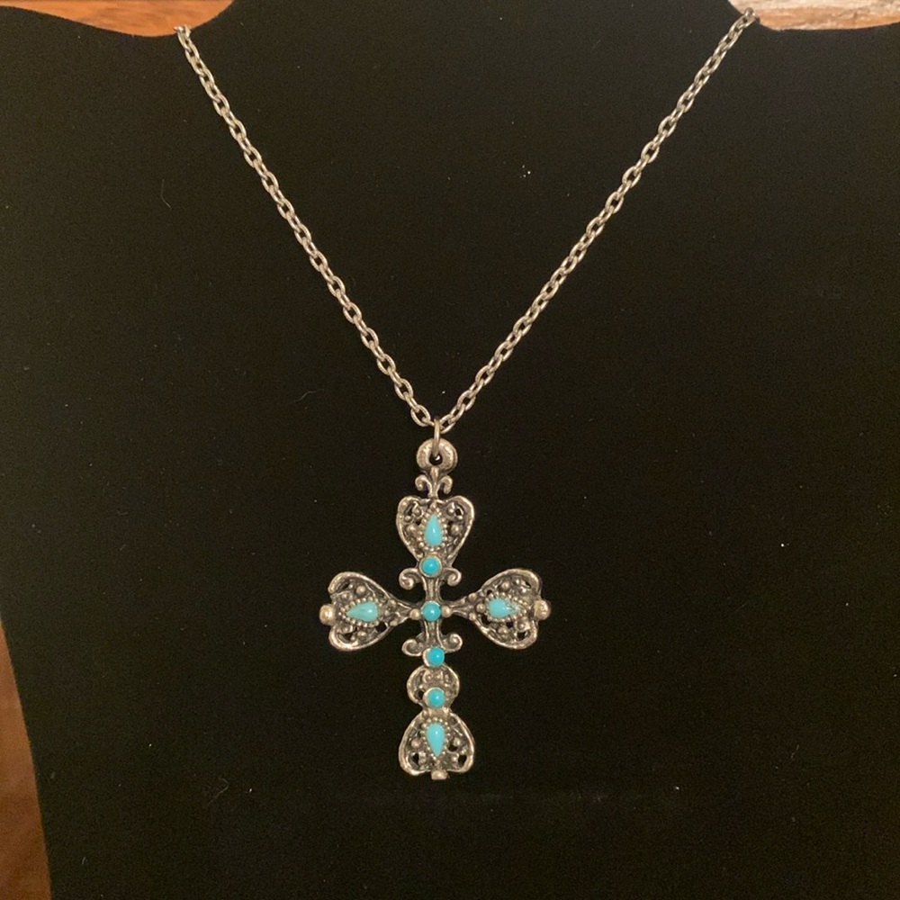 VintageSouthwestern Turquoiselook Cross NecklaceBoho SilverTone Filigree24”Chain
